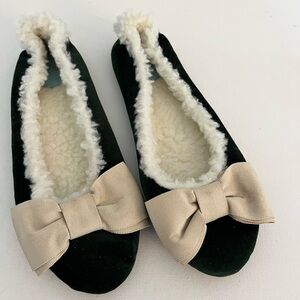 Frances Valentine Green Velvet Slippers with Cream Bow
